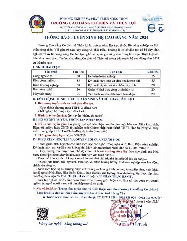 Thông báo tuyển sinh hệ cao đẳng năm 2024