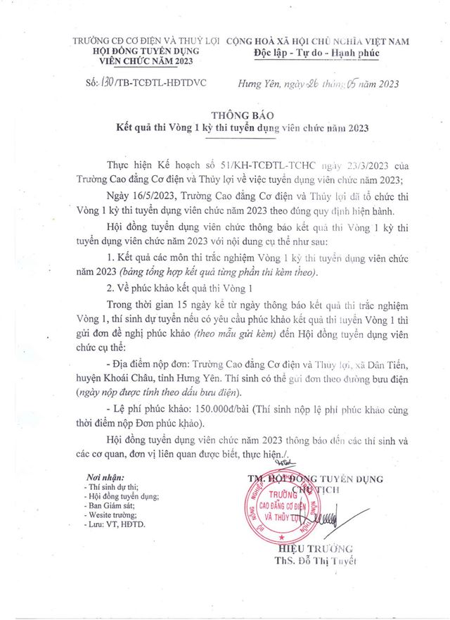Thông báo Kết quả thi Vòng 1 kỳ thi tuyển dụng viên chức năm 2023