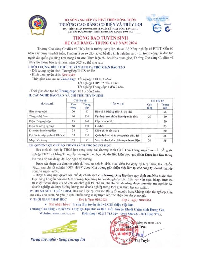 Thông báo tuyển sinh năm 2024