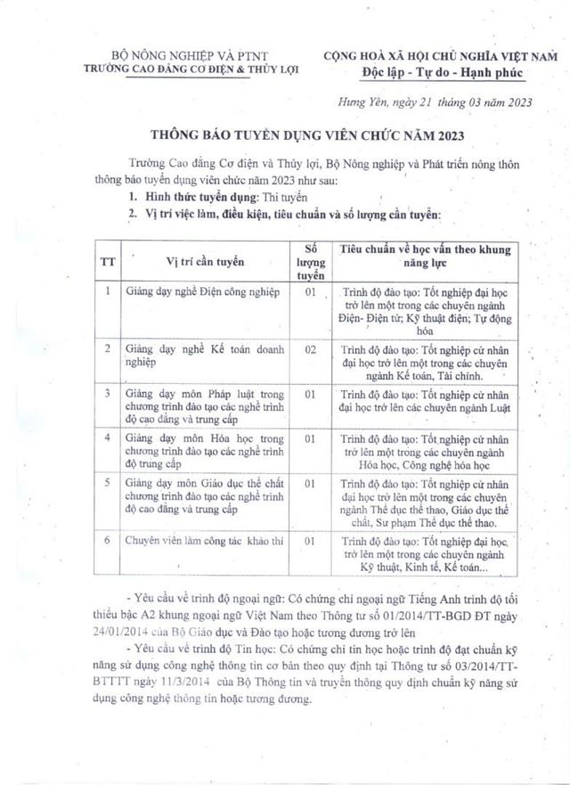 Thông báo tuyển dụng viên chức năm 2023