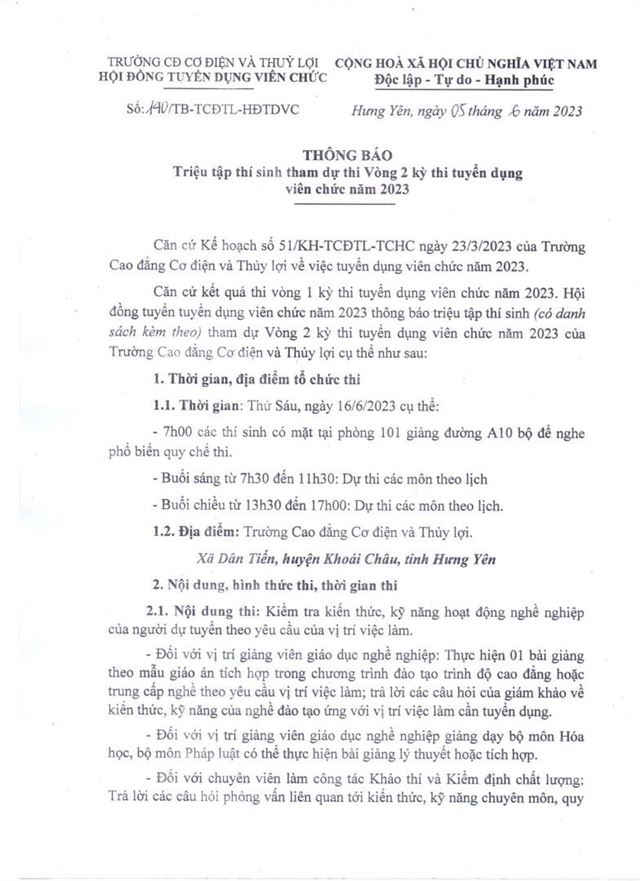 Thông báo triệu tập thí sinh tham dự thi Vòng 2 kỳ thi tuyển dụng viên chức năm 2023