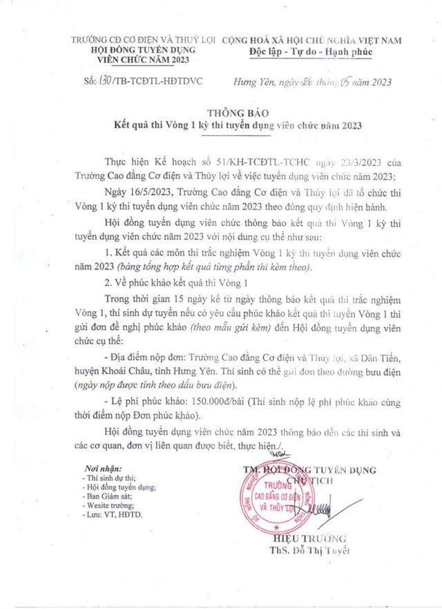 Thông báo Kết quả thi Vòng 1 kỳ thi tuyển dụng viên chức năm 2023