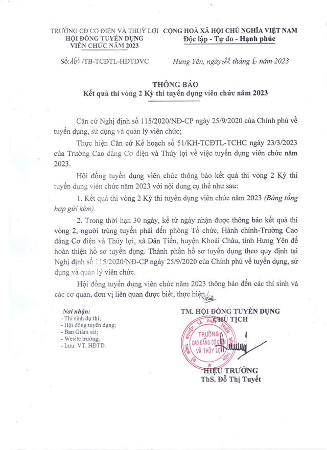 Thông báo Kết quả thi Vòng 2 kỳ thi tuyển dụng viên chức năm 2023