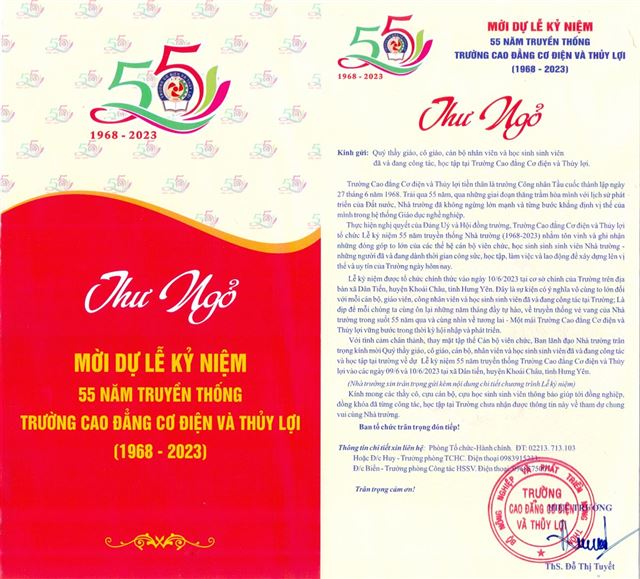Lễ kỷ niệm 55 năm ngày thành lập trường Cao đẳng Cơ điện và Thủy lợi (27/06/1968 - 27/06/2023)